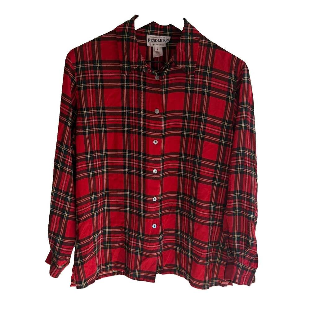 Vintage Pendleton 100% Silk Blouse Size 8 Red Tartan Plaid Long Sleeve Holiday